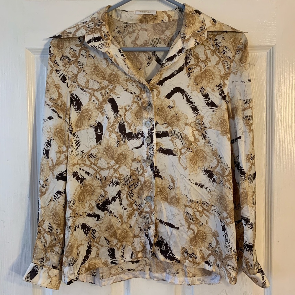 Escada l/s tan/brown/white blouse EUC no tag